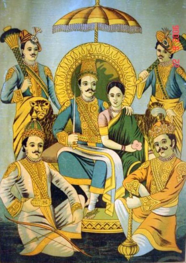 Draupadi with the five Pandavas, bazaar art c.1910–20