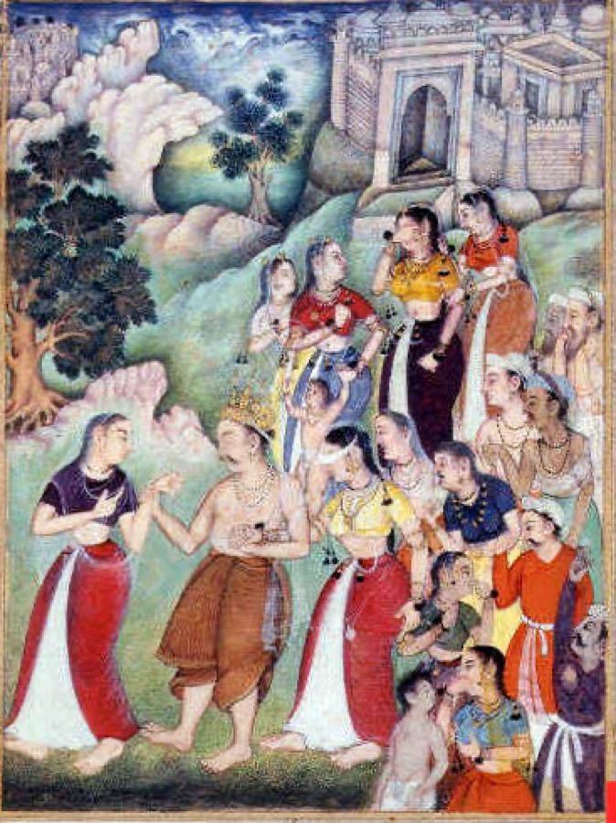 Kunti leading Gandhari, Razmnama miniature, 1598